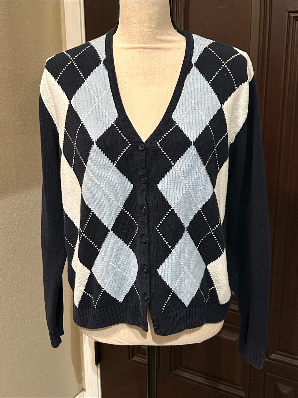 Brandy Melville Blue White Argyle Cardigan Sweater